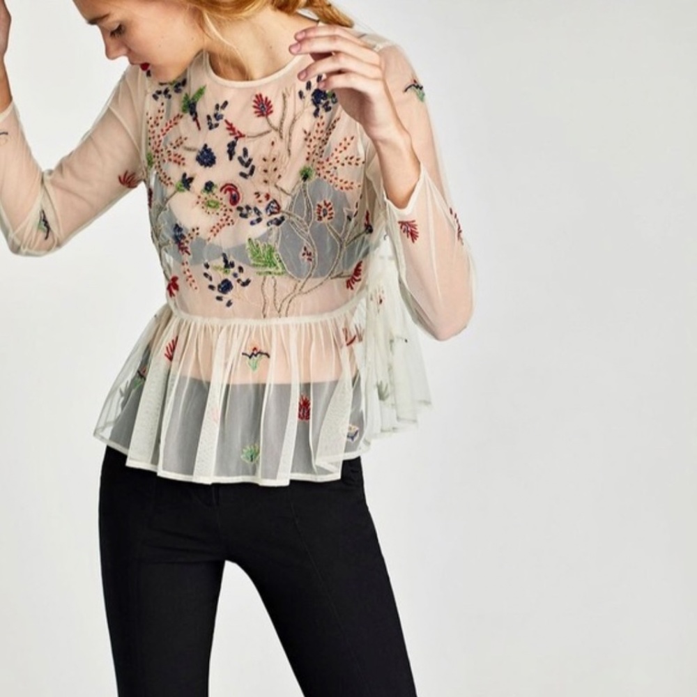Zara sheer embroidered and beaded peplum blouse